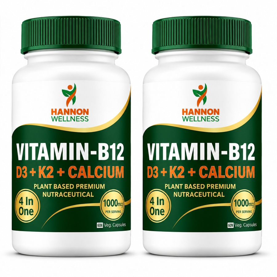 Hannon Wellness Vitamin-B12 with D3, K2 & Calcium – 4-in-1 Plant-Based Nutraceutical ( Pack of 2 )