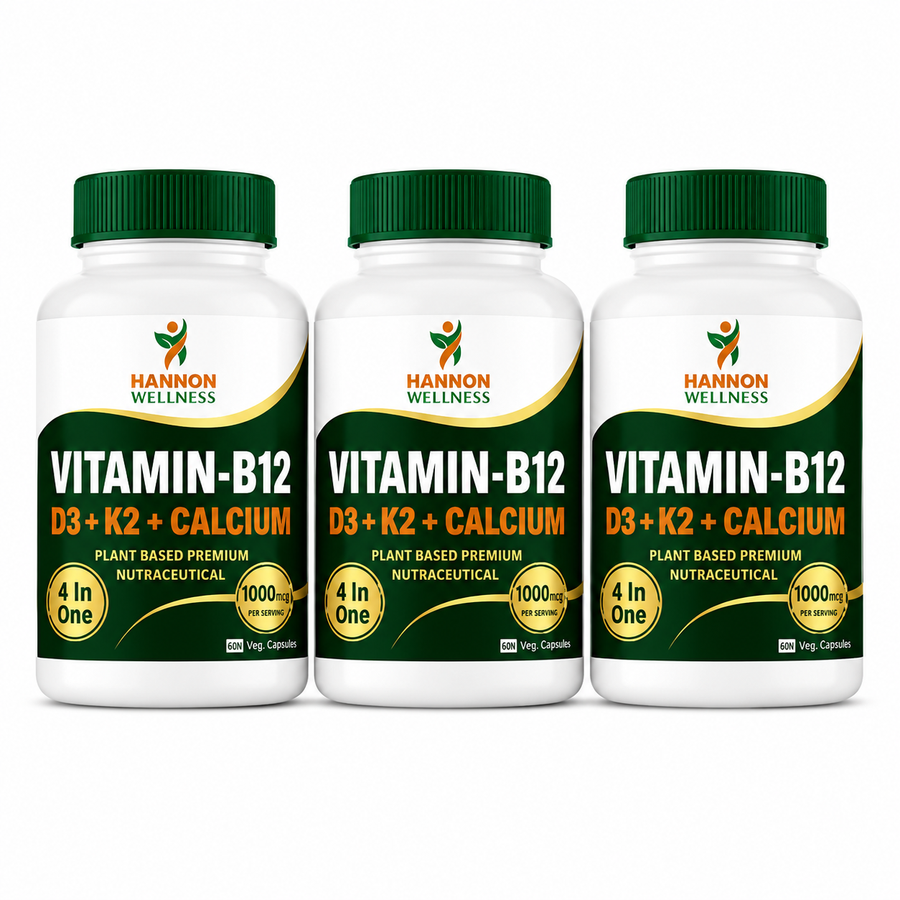 Hannon Wellness Vitamin-B12 with D3, K2 & Calcium – 4-in-1 Plant-Based Nutraceutical ( Pack of 3 )