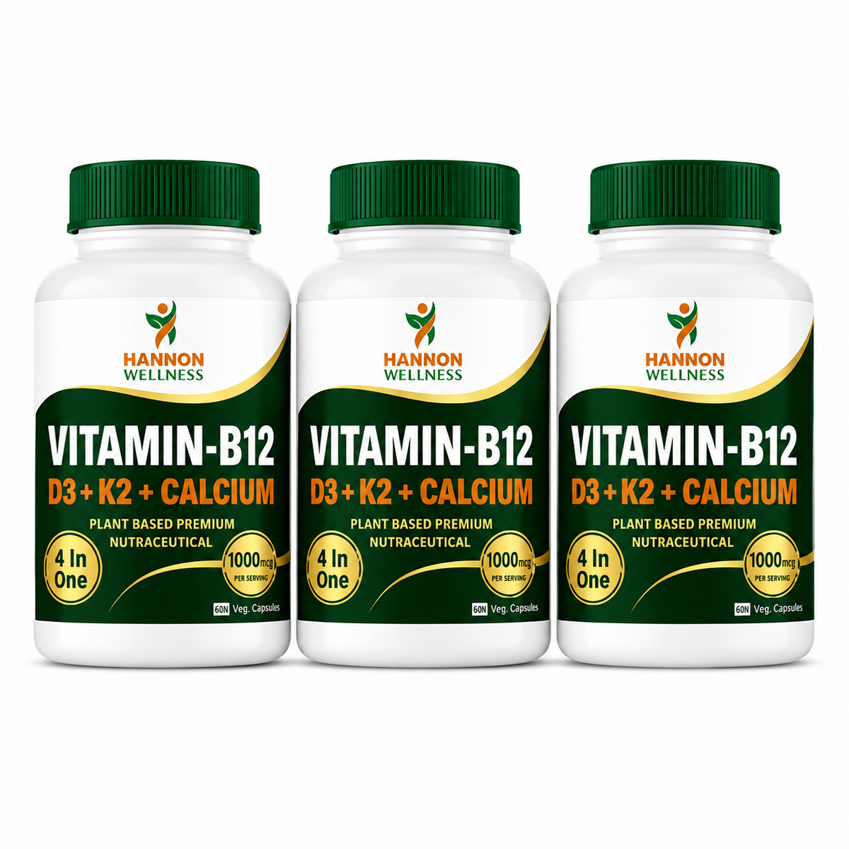 Hannon Wellness Vitamin-B12 with D3, K2 & Calcium – 4-in-1 Plant-Based Nutraceutical ( Pack of 3 )