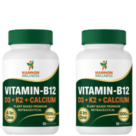 Hannon Wellness Vitamin-B12 with D3, K2 & Calcium – 4-in-1 Plant-Based Nutraceutical ( Pack of 2 )