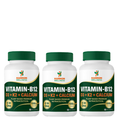 Hannon Wellness Vitamin-B12 with D3, K2 & Calcium – 4-in-1 Plant-Based Nutraceutical ( Pack of 3 )